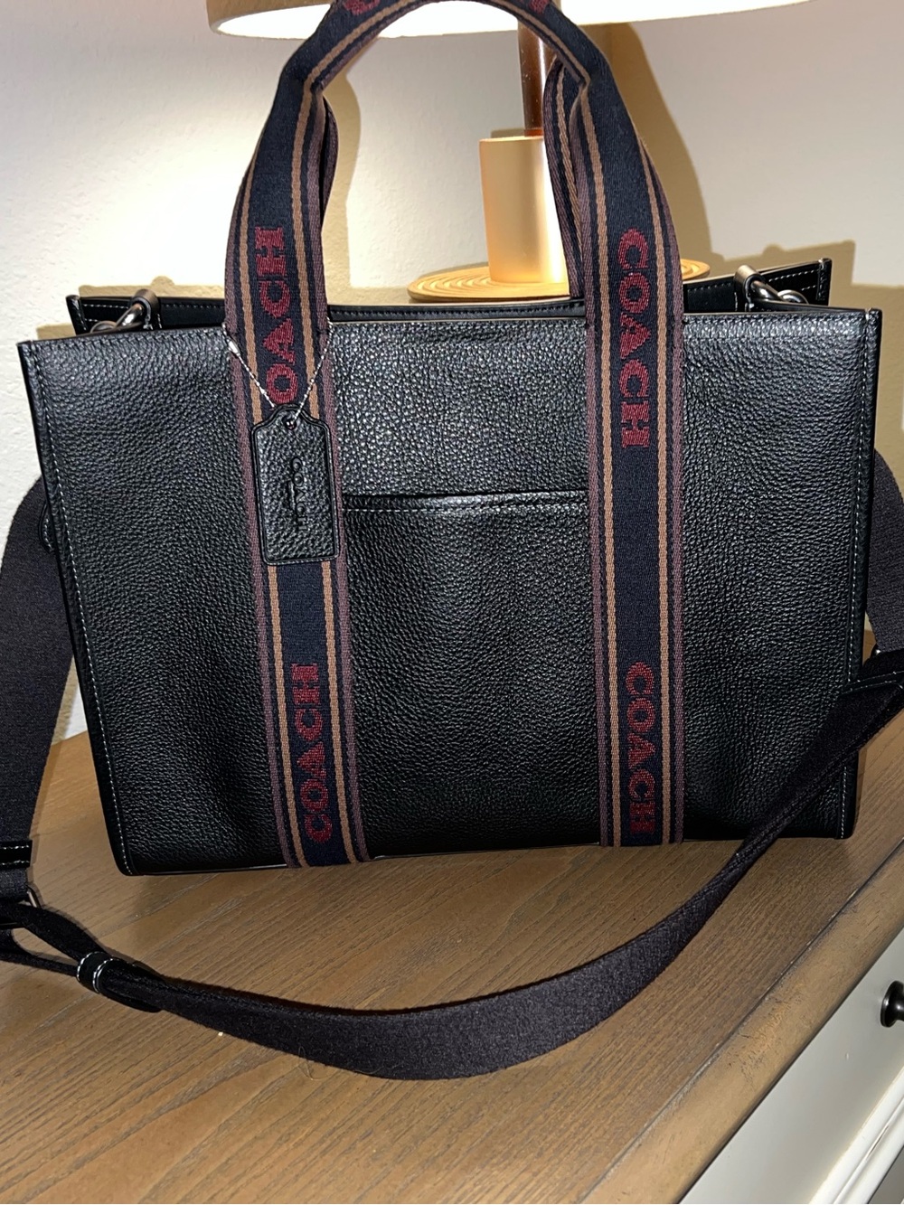 Coach Large Smith Tote Black Pebbled Leather with Logo Webbing Strap in Red